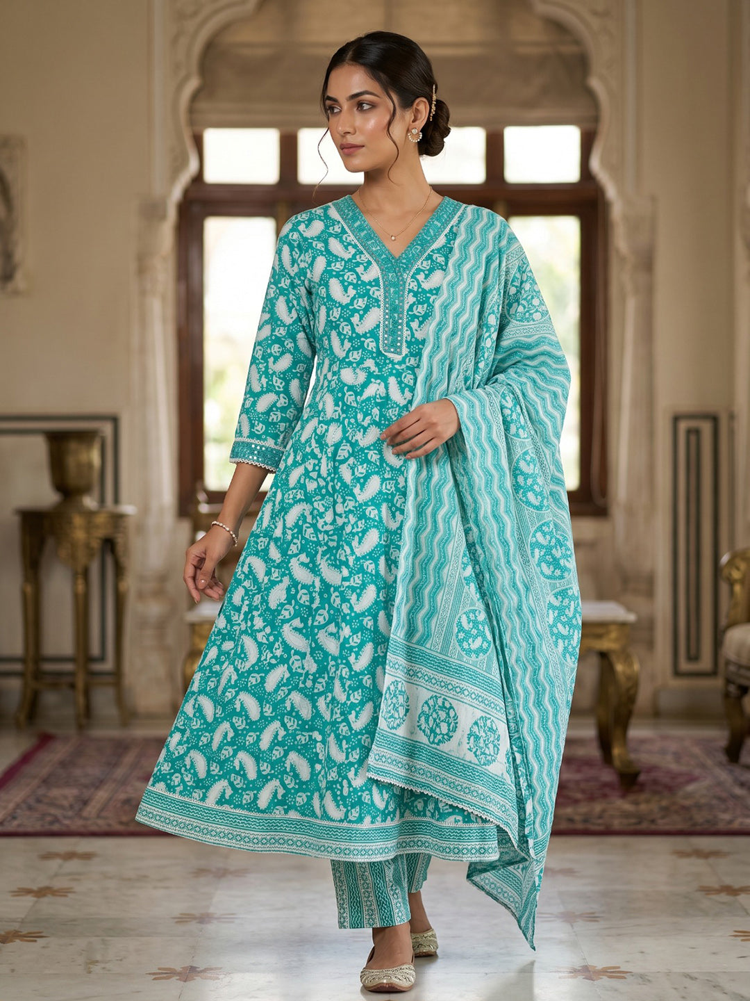 Sky Blue Embroidery Cotton Blend Kurta With Pant &amp; Dupatta