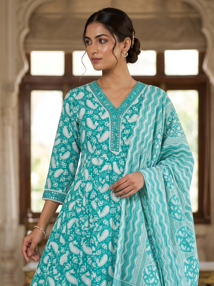 Sky Blue Embroidery Cotton Blend Kurta With Pant &amp; Dupatta