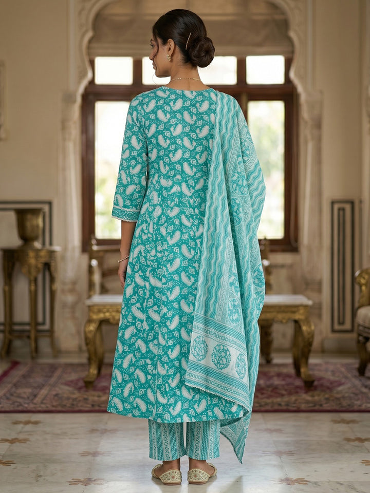 Sky Blue Embroidery Cotton Blend Kurta With Pant &amp; Dupatta