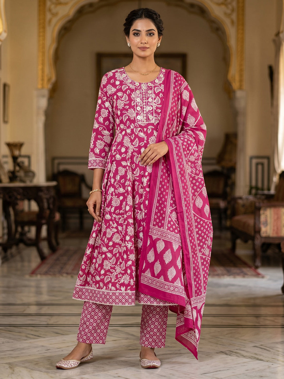 Pink Embroidery Cotton Blend Kurta With Pant &amp; Dupatta