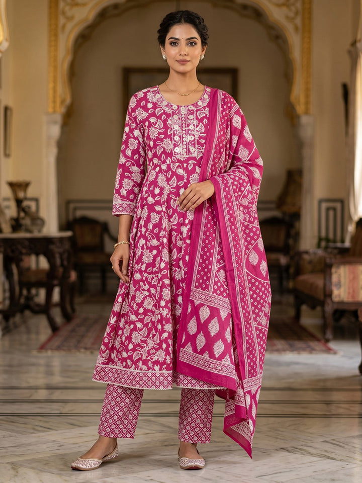 Pink Embroidery Cotton Blend Kurta With Pant &amp; Dupatta
