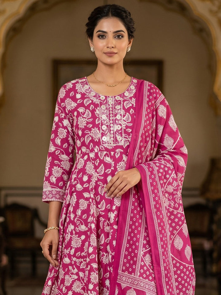 Pink Embroidery Cotton Blend Kurta With Pant &amp; Dupatta