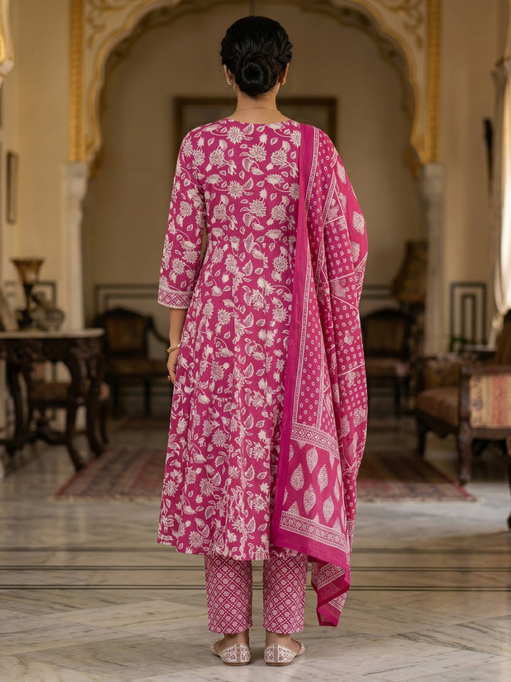 Pink Embroidery Cotton Blend Kurta With Pant &amp; Dupatta