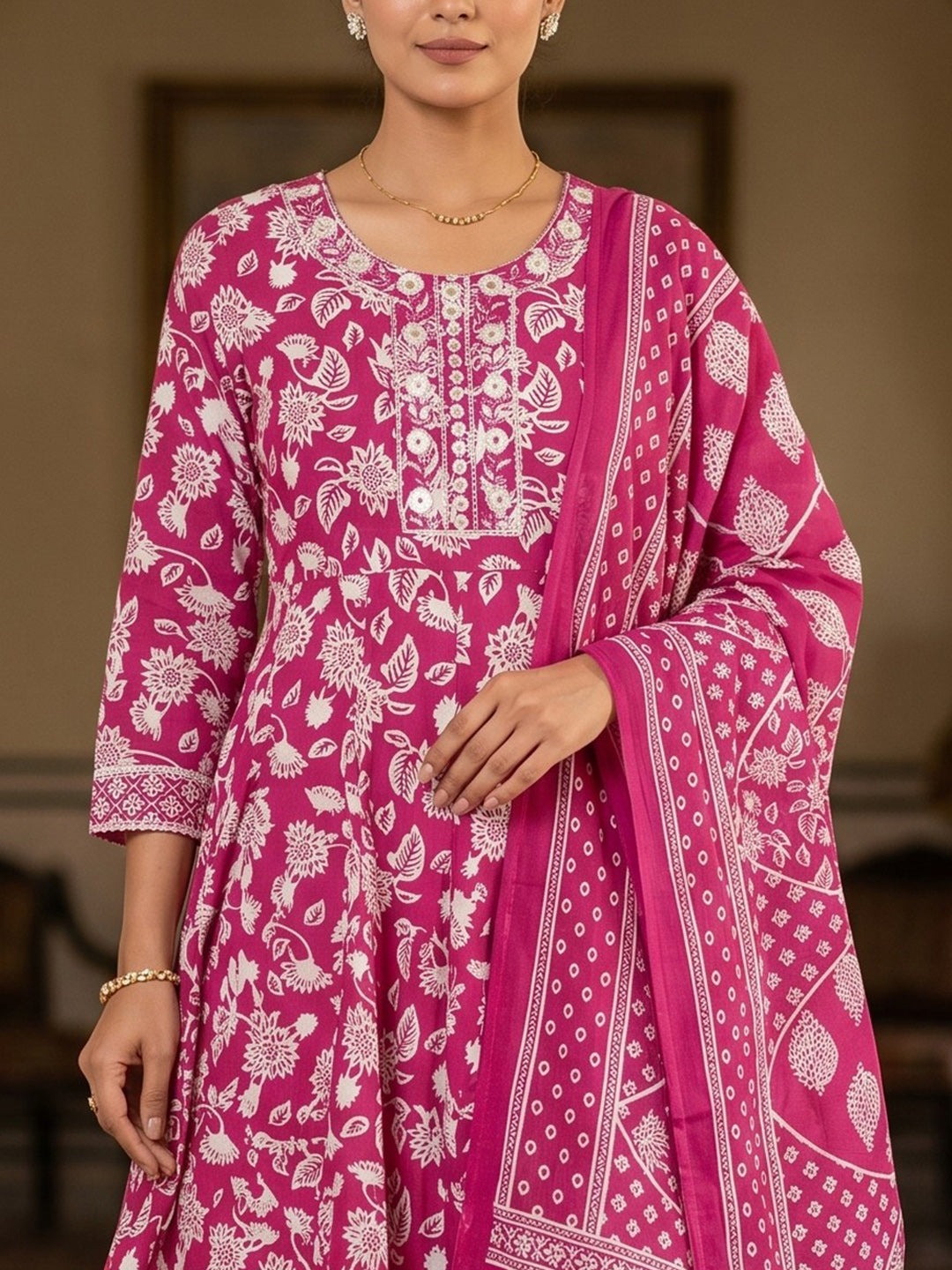 Pink Embroidery Cotton Blend Kurta With Pant &amp; Dupatta