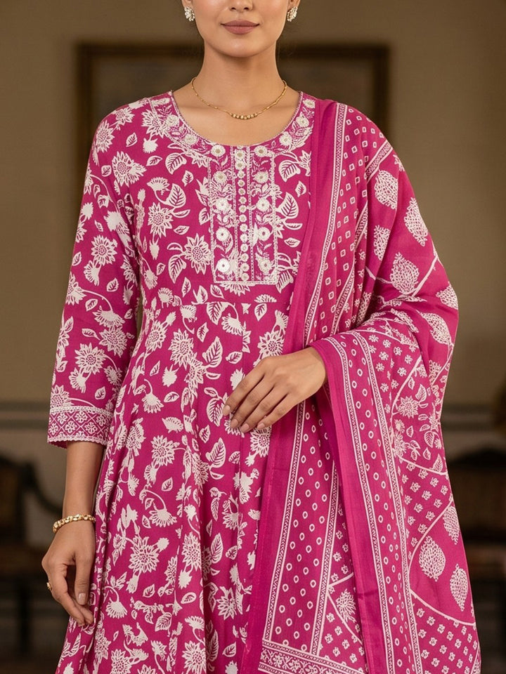 Pink Embroidery Cotton Blend Kurta With Pant &amp; Dupatta