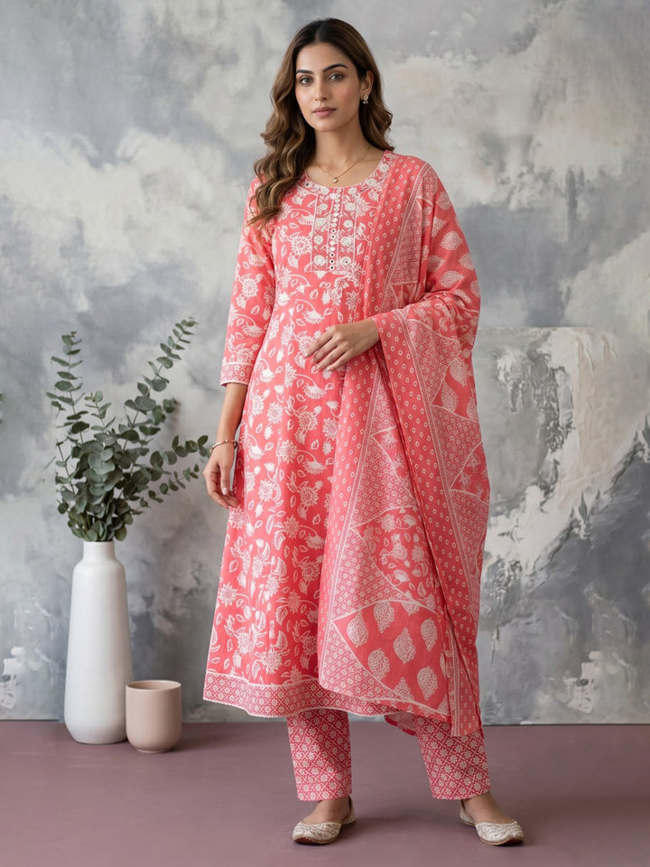 Red Embroidery Cotton Blend Kurta With Pant &amp; Dupatta