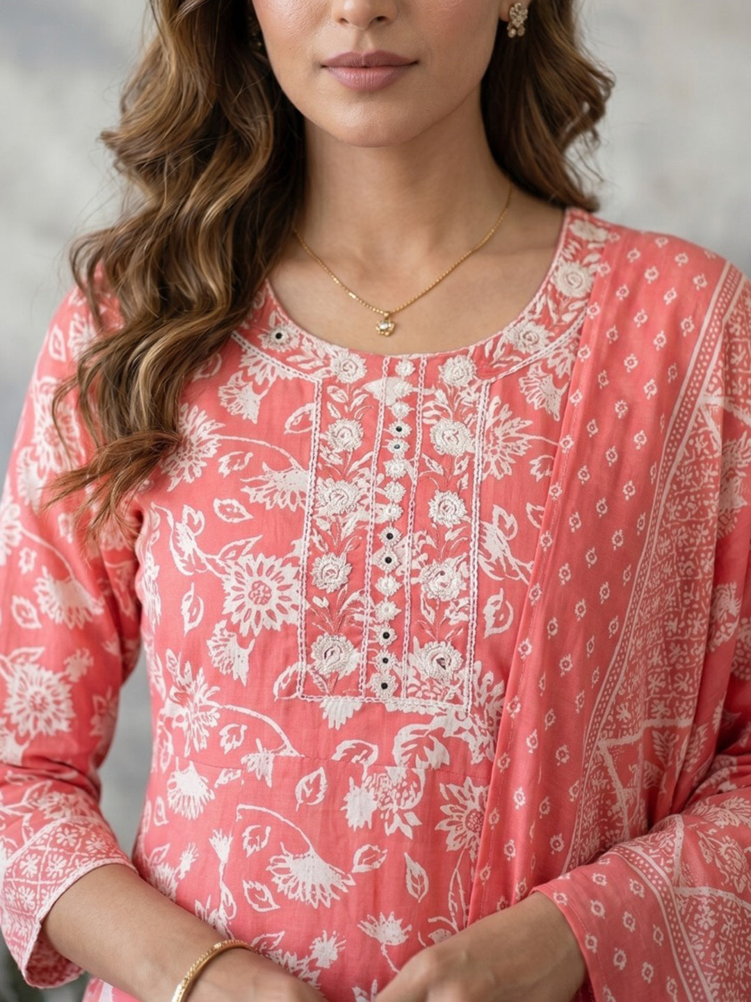 Red Embroidery Cotton Blend Kurta With Pant &amp; Dupatta