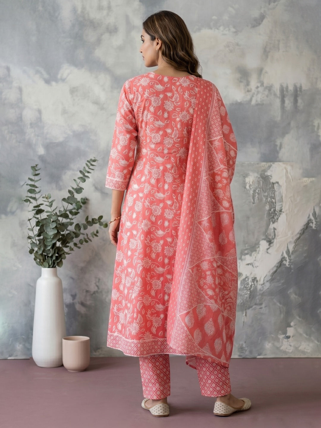 Red Embroidery Cotton Blend Kurta With Pant &amp; Dupatta