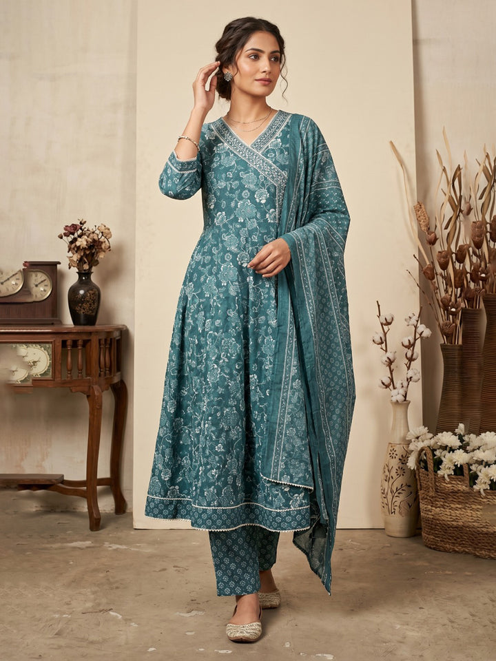 Blue Embroidery Cotton Blend Kurta With Pant &amp; Dupatta