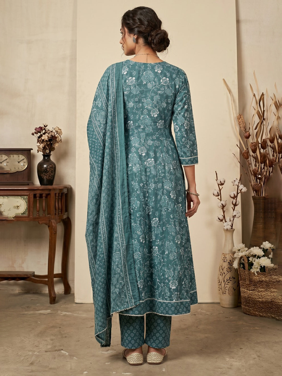 Blue Embroidery Cotton Blend Kurta With Pant &amp; Dupatta