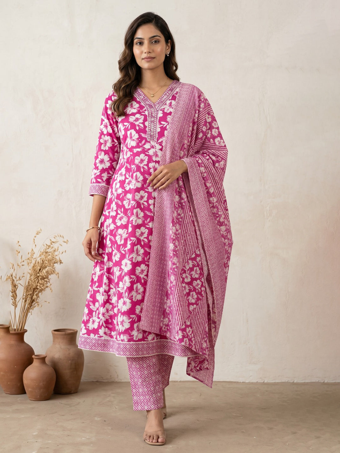 Pink Embroidery Cotton Blend Kurta With Pant &amp; Dupatta