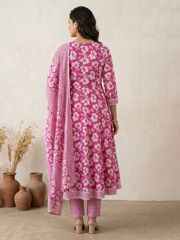 Pink Embroidery Cotton Blend Kurta With Pant &amp; Dupatta
