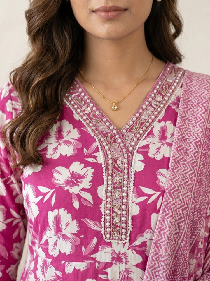 Pink Embroidery Cotton Blend Kurta With Pant &amp; Dupatta