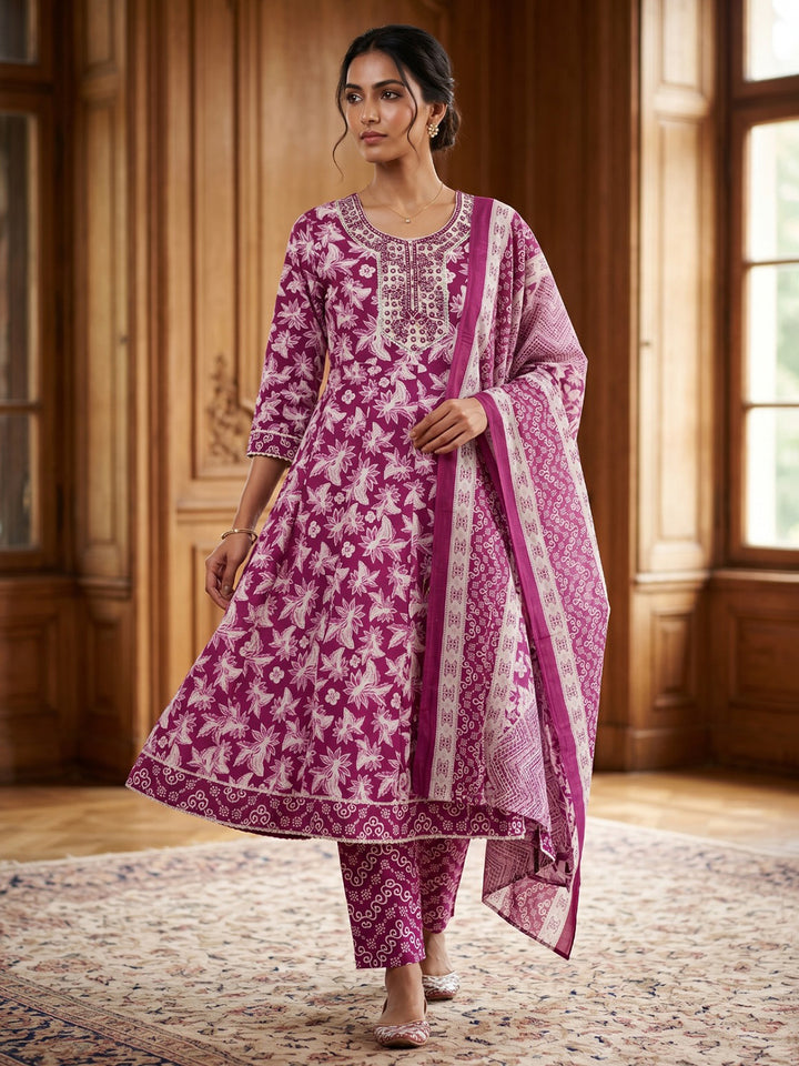 Wine Embroidery Cotton Blend Kurta With Pant &amp; Dupatta