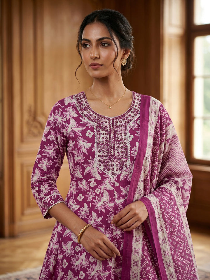 Wine Embroidery Cotton Blend Kurta With Pant &amp; Dupatta