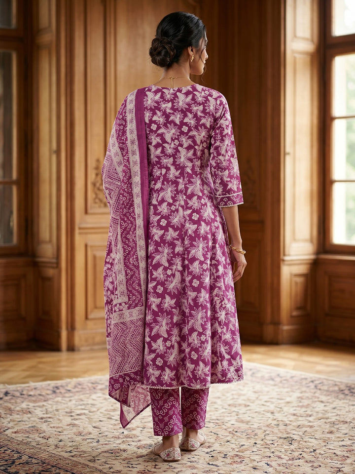 Wine Embroidery Cotton Blend Kurta With Pant &amp; Dupatta