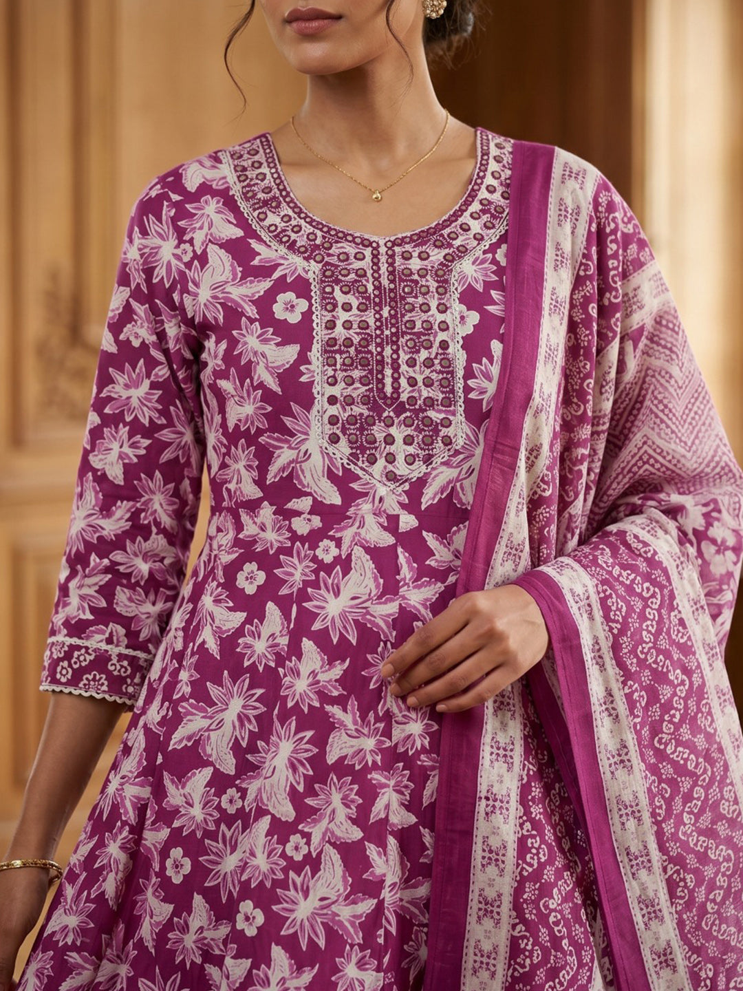 Wine Embroidery Cotton Blend Kurta With Pant &amp; Dupatta