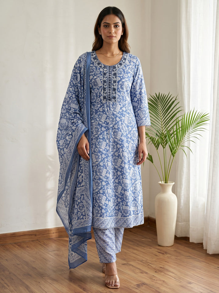 Blue Printed Cotton Blend Kurta With Pant &amp; Dupatta