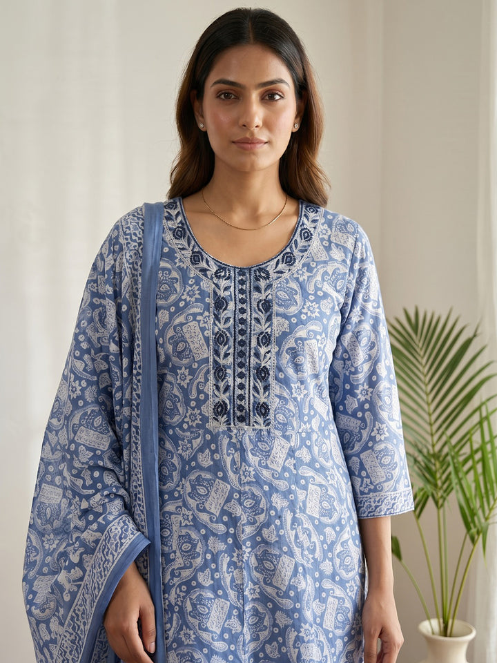 Blue Printed Cotton Blend Kurta With Pant &amp; Dupatta