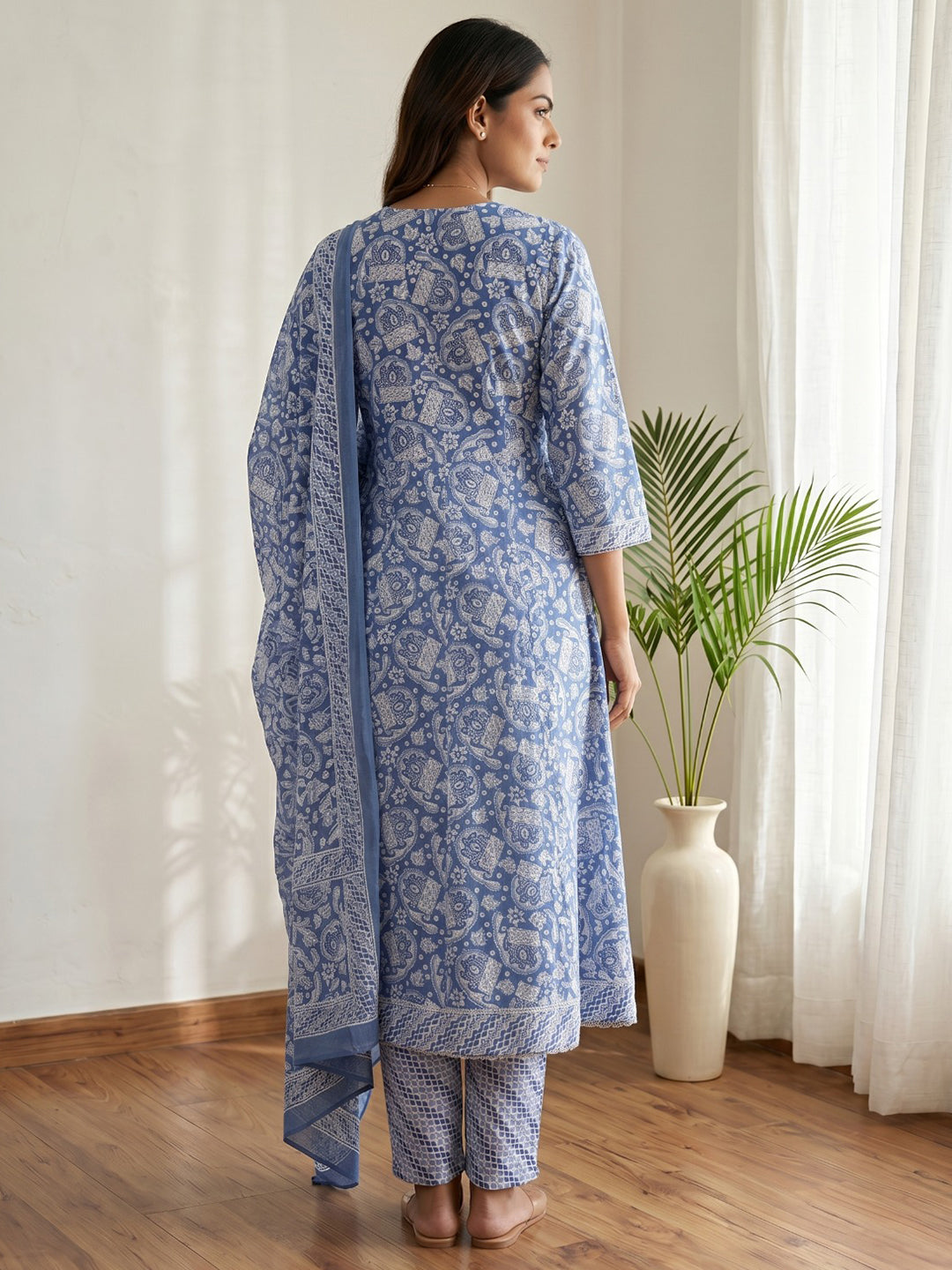 Blue Printed Cotton Blend Kurta With Pant &amp; Dupatta