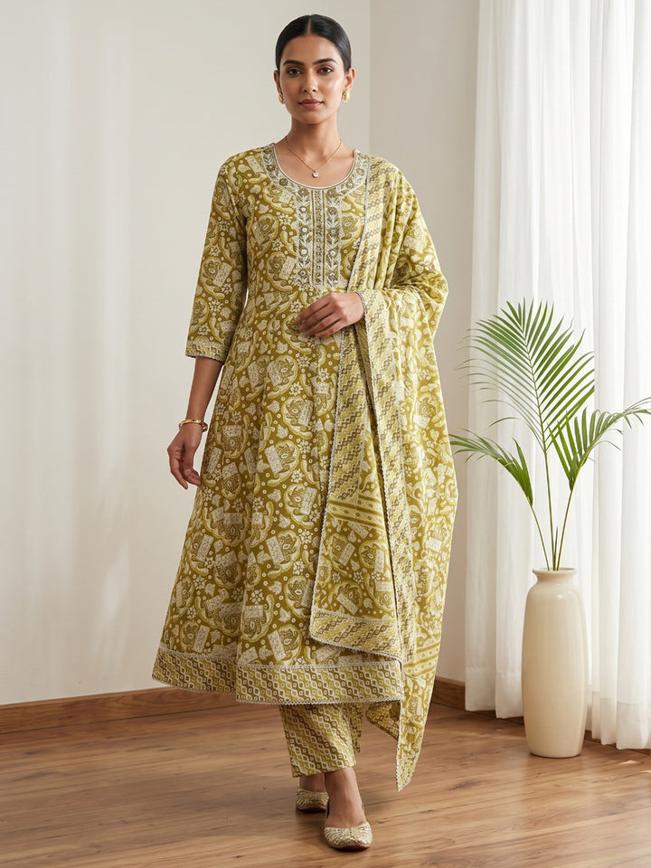 Mustard Printed Cotton Blend Kurta With Pant &amp; Dupatta