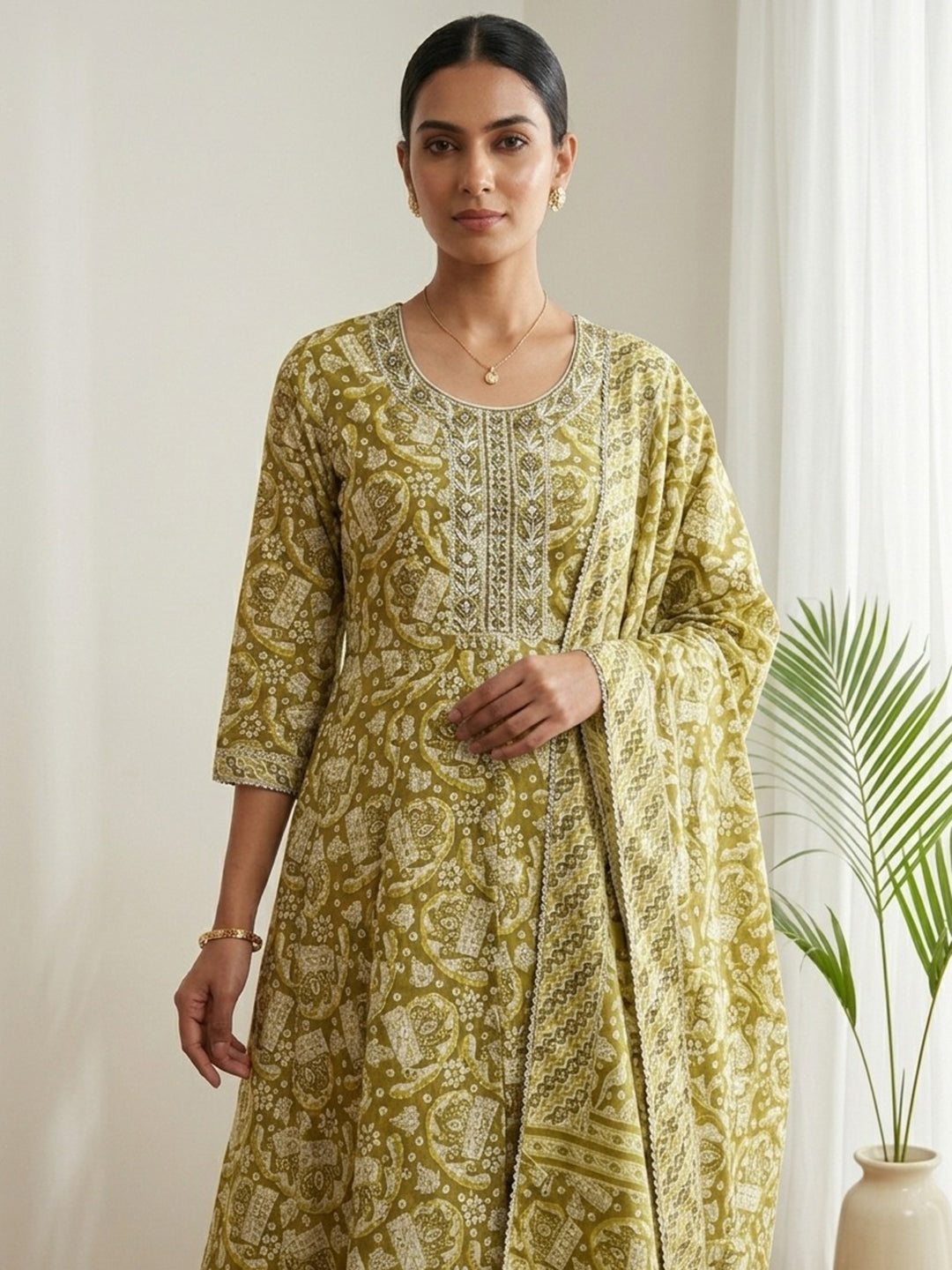 Mustard Printed Cotton Blend Kurta With Pant &amp; Dupatta