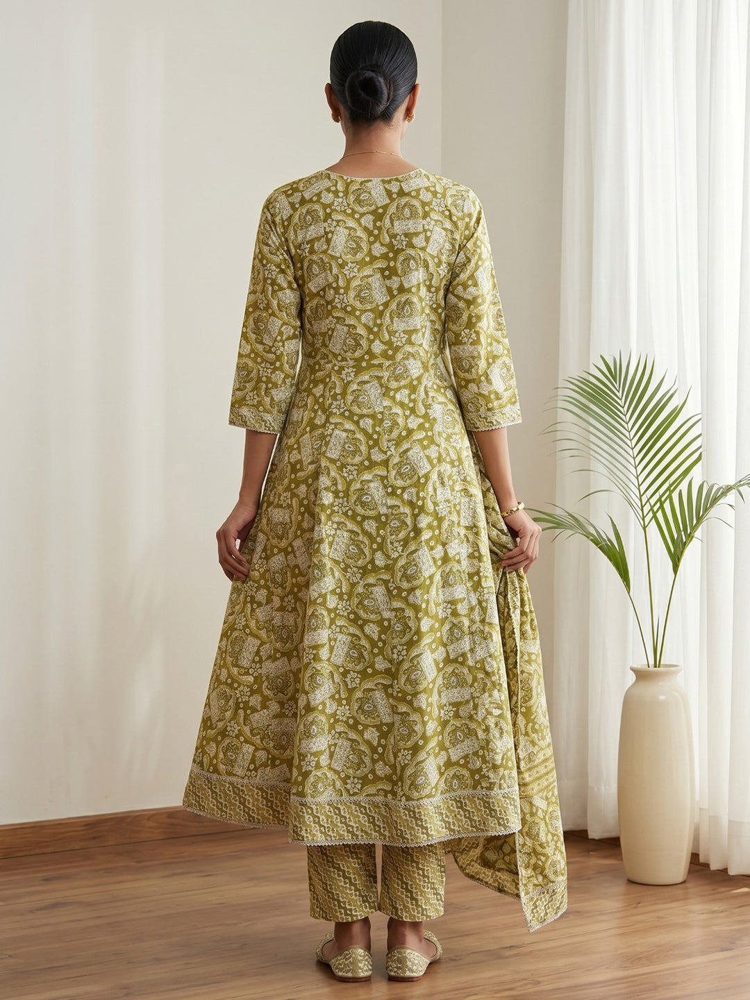 Mustard Printed Cotton Blend Kurta With Pant &amp; Dupatta