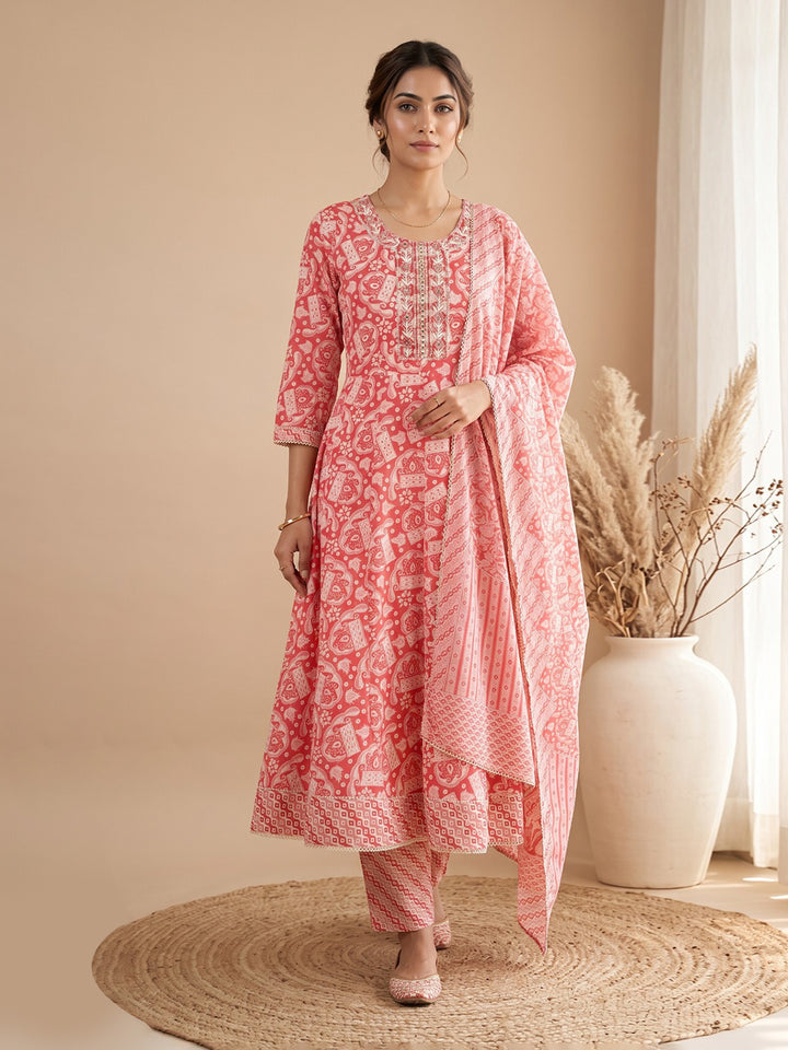 Red Printed Cotton Blend Kurta With Pant &amp; Dupatta