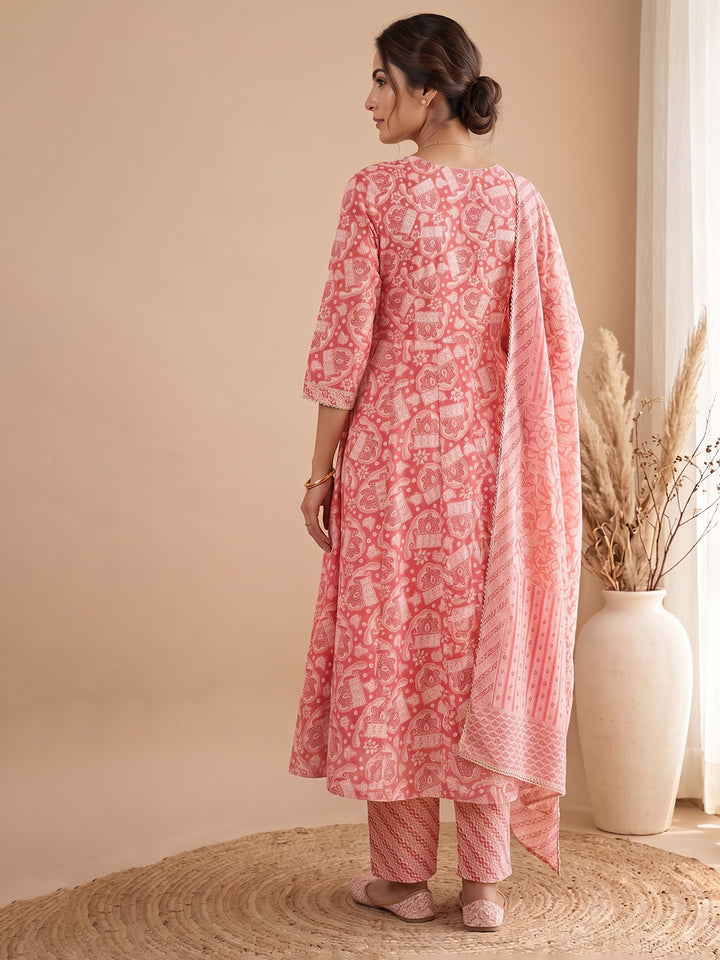 Red Printed Cotton Blend Kurta With Pant &amp; Dupatta