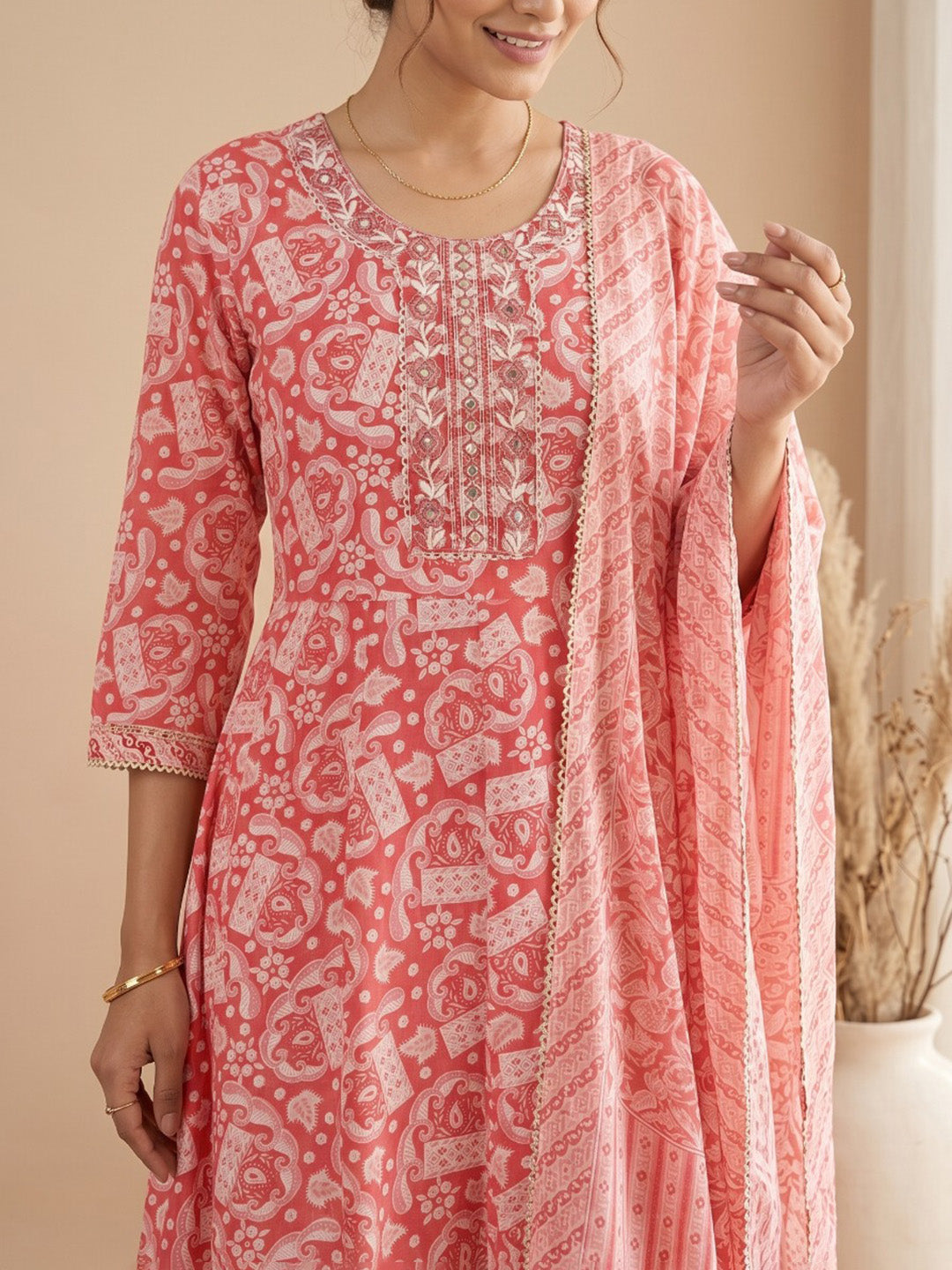 Red Printed Cotton Blend Kurta With Pant &amp; Dupatta