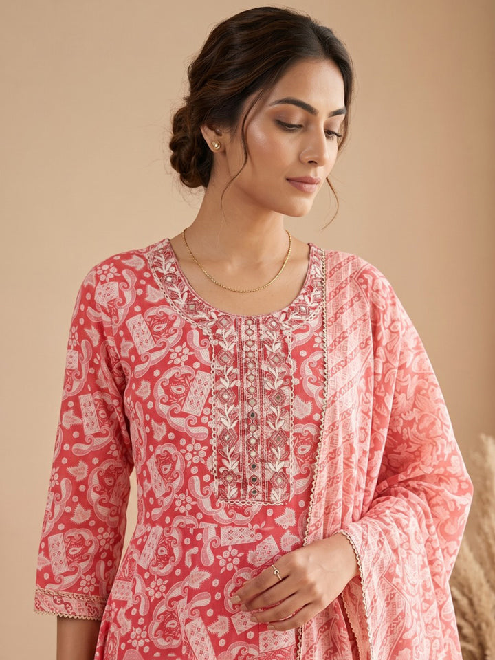 Red Printed Cotton Blend Kurta With Pant &amp; Dupatta