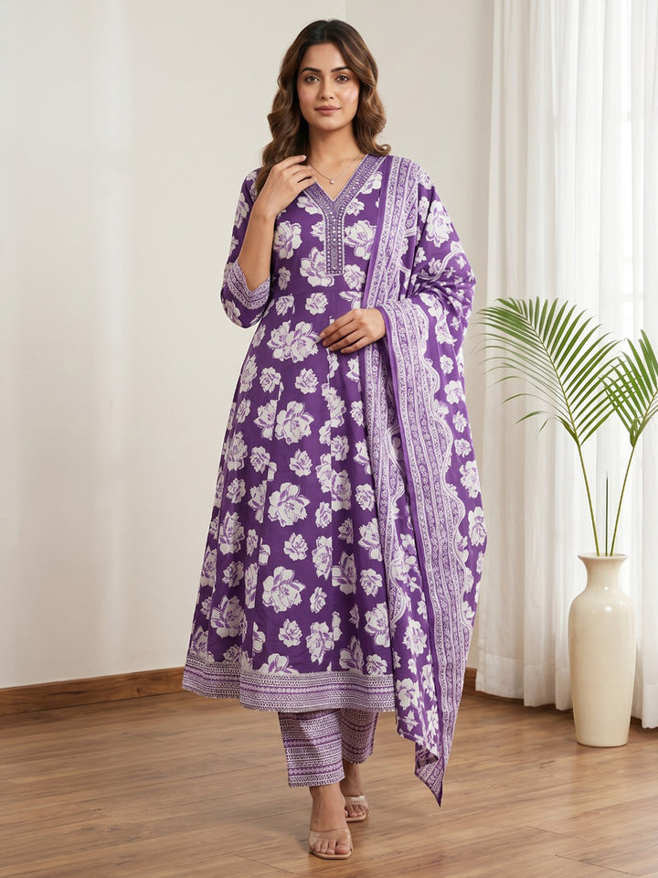 Purple Printed Cotton Blend Kurta With Pant &amp; Dupatta