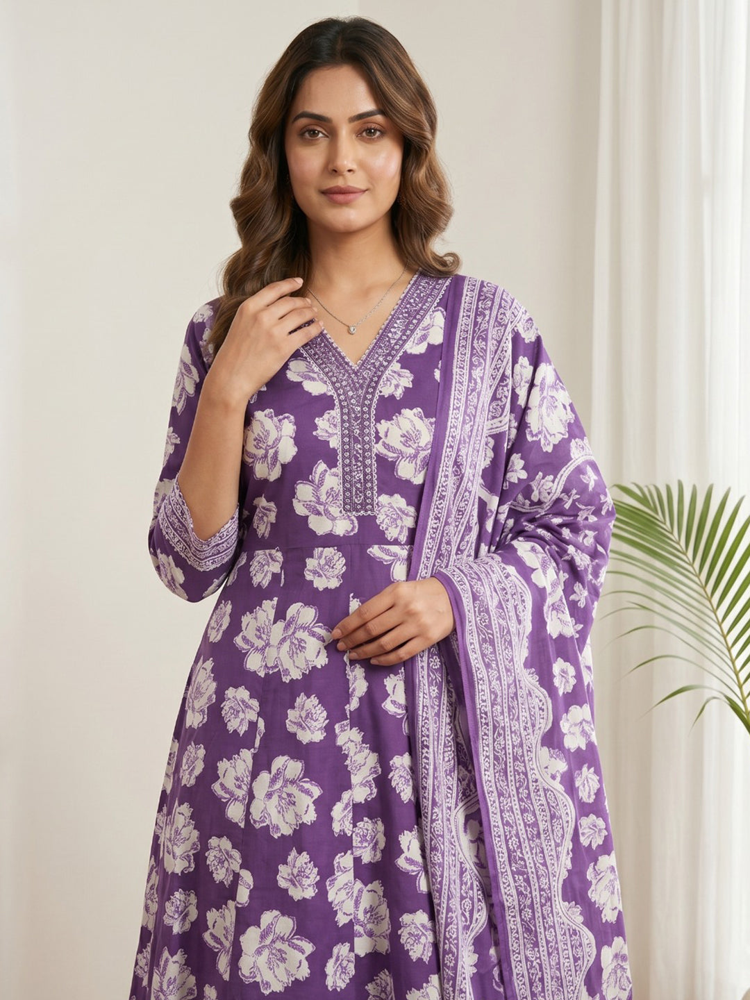 Purple Printed Cotton Blend Kurta With Pant &amp; Dupatta