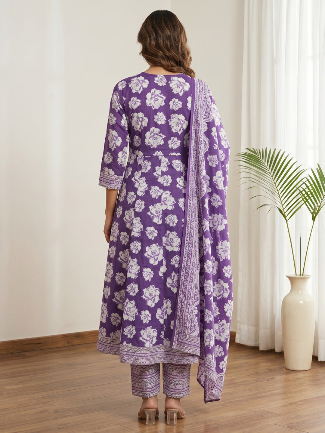Purple Printed Cotton Blend Kurta With Pant &amp; Dupatta