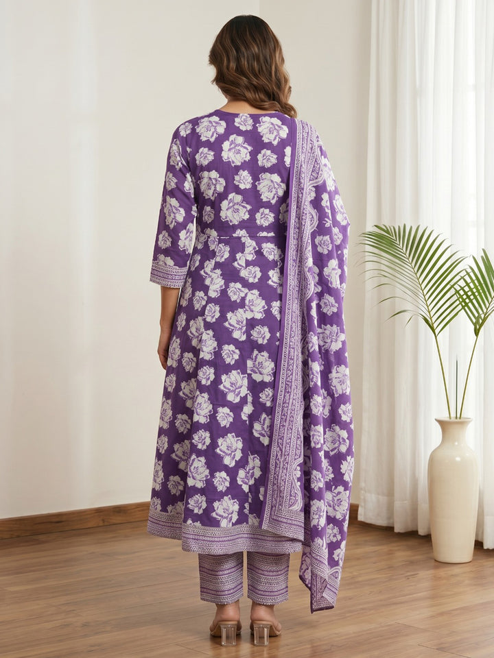 Purple Printed Cotton Blend Kurta With Pant &amp; Dupatta