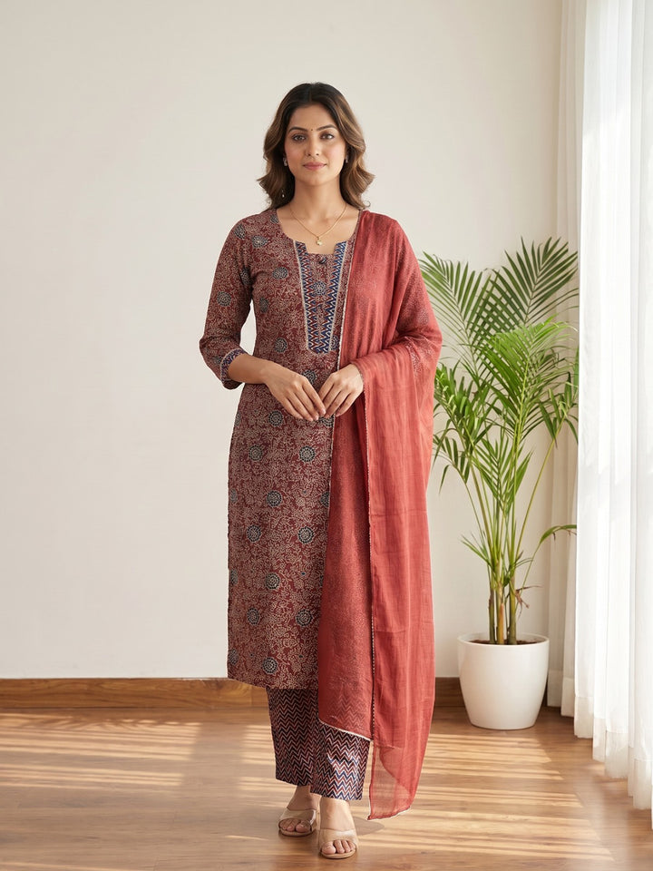 Red Printed Cotton Blend Kurta With Pant &amp; Dupatta