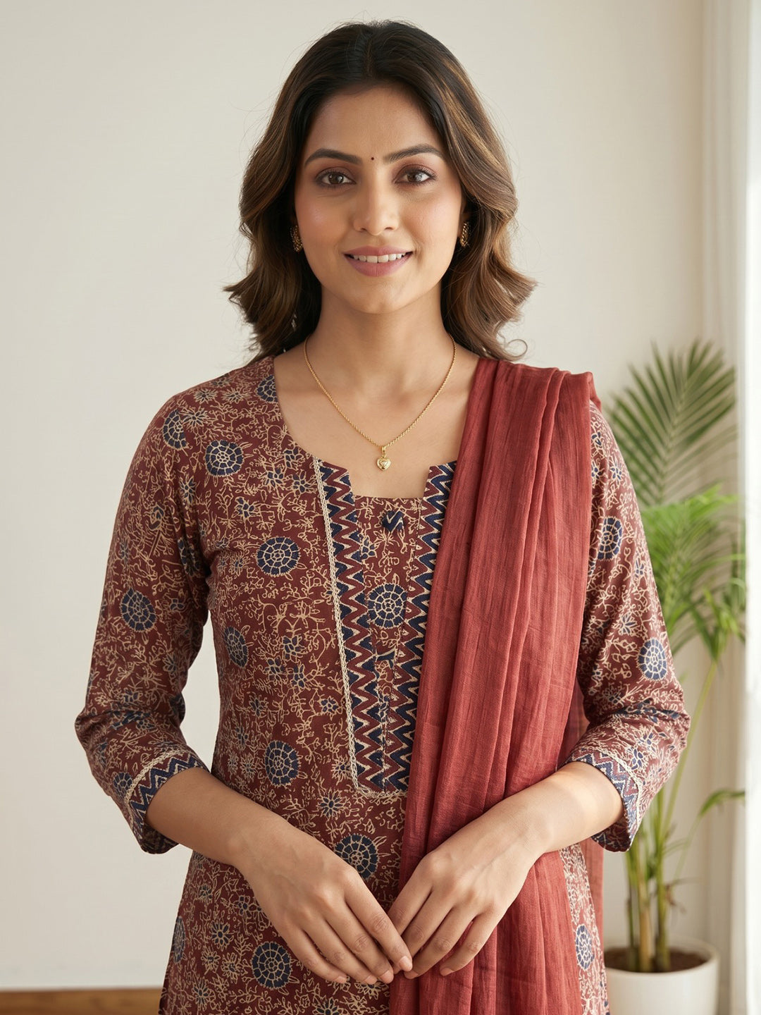 Red Printed Cotton Blend Kurta With Pant &amp; Dupatta