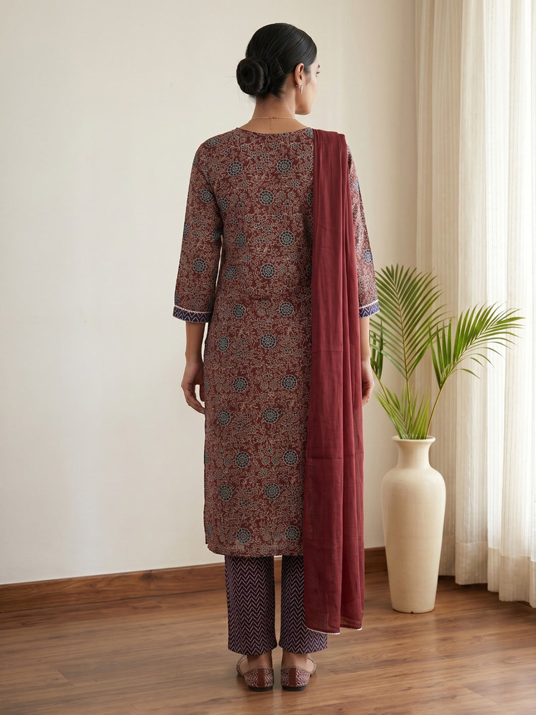 Red Printed Cotton Blend Kurta With Pant &amp; Dupatta