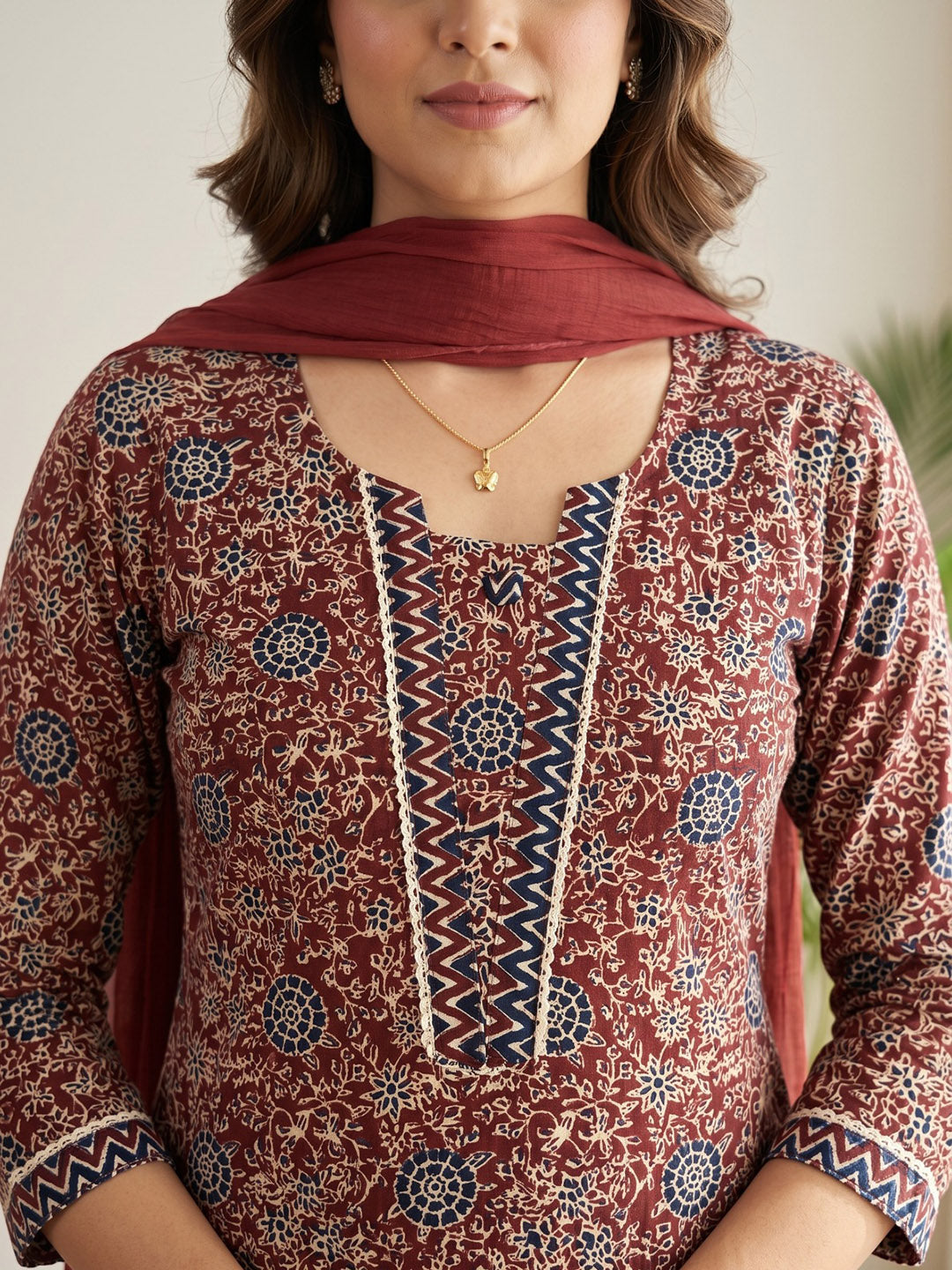 Red Printed Cotton Blend Kurta With Pant &amp; Dupatta