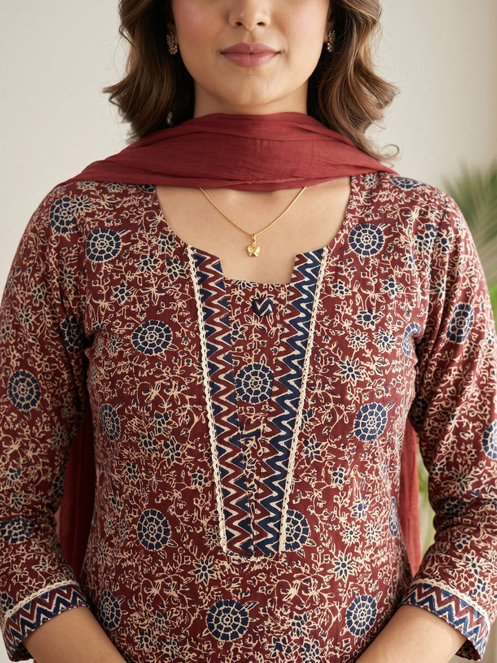 Red Printed Cotton Blend Kurta With Pant &amp; Dupatta