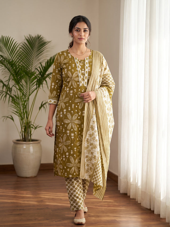 Mehndi Printed Cotton Blend Kurta With Pant &amp; Dupatta