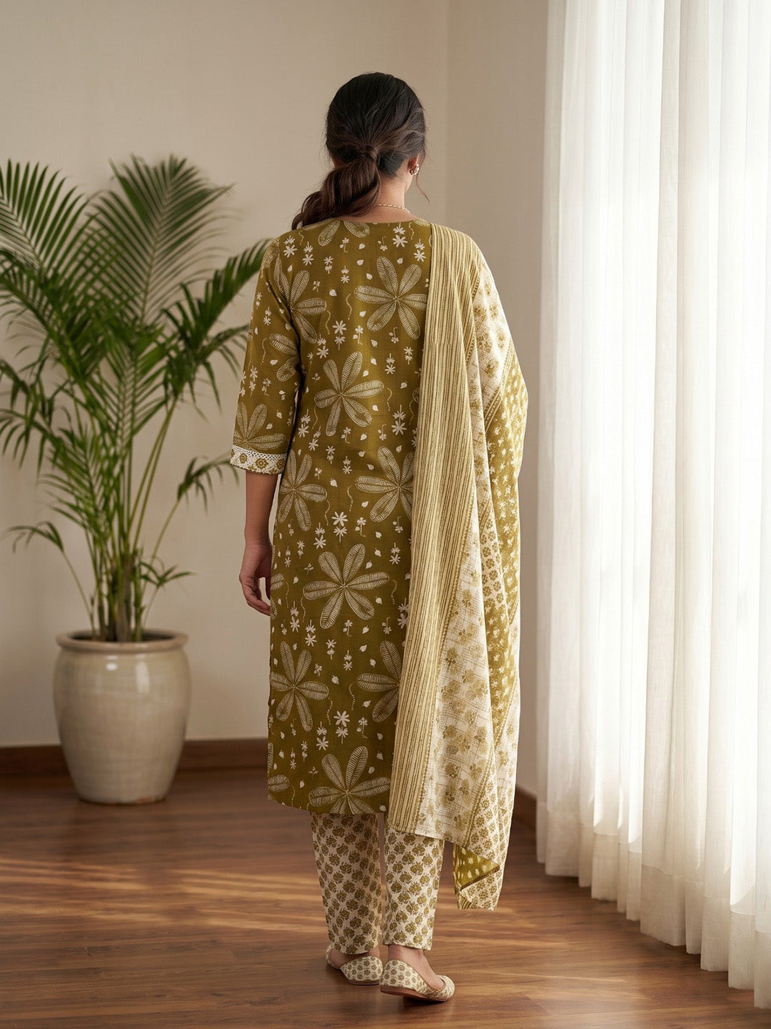 Mehndi Printed Cotton Blend Kurta With Pant &amp; Dupatta