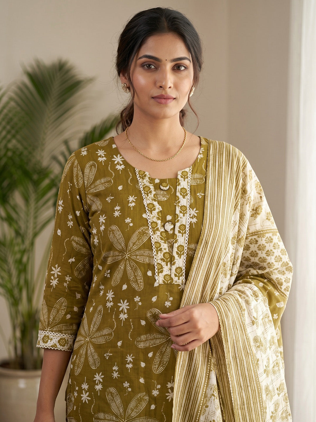 Mehndi Printed Cotton Blend Kurta With Pant &amp; Dupatta