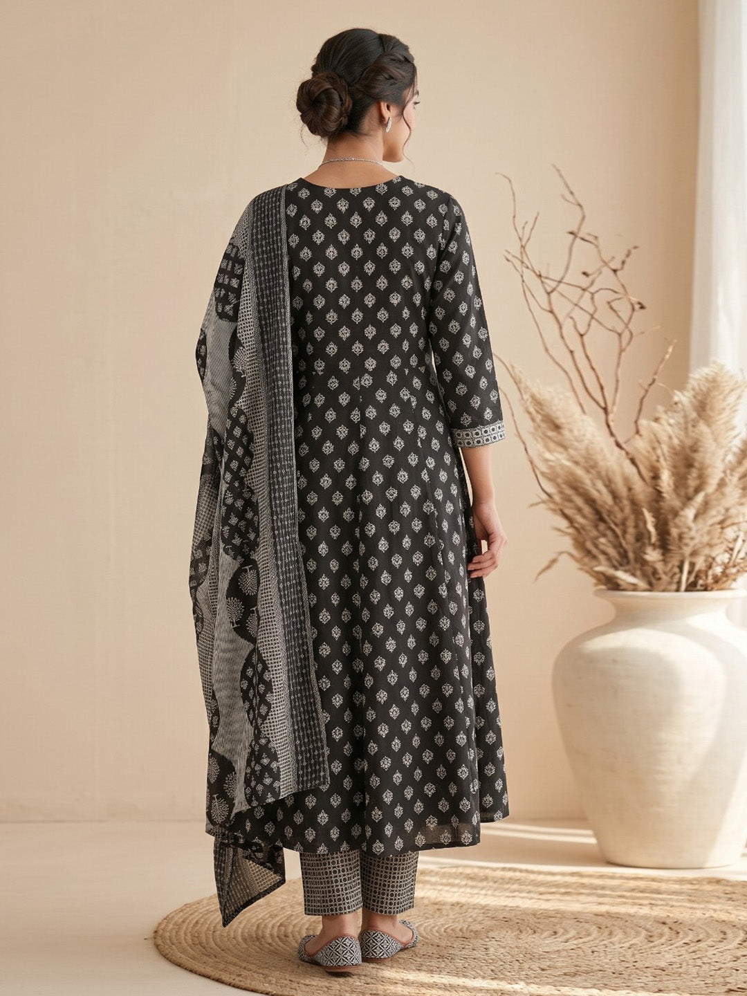 Black Printed Cotton Blend Kurta With Pant &amp; Dupatta