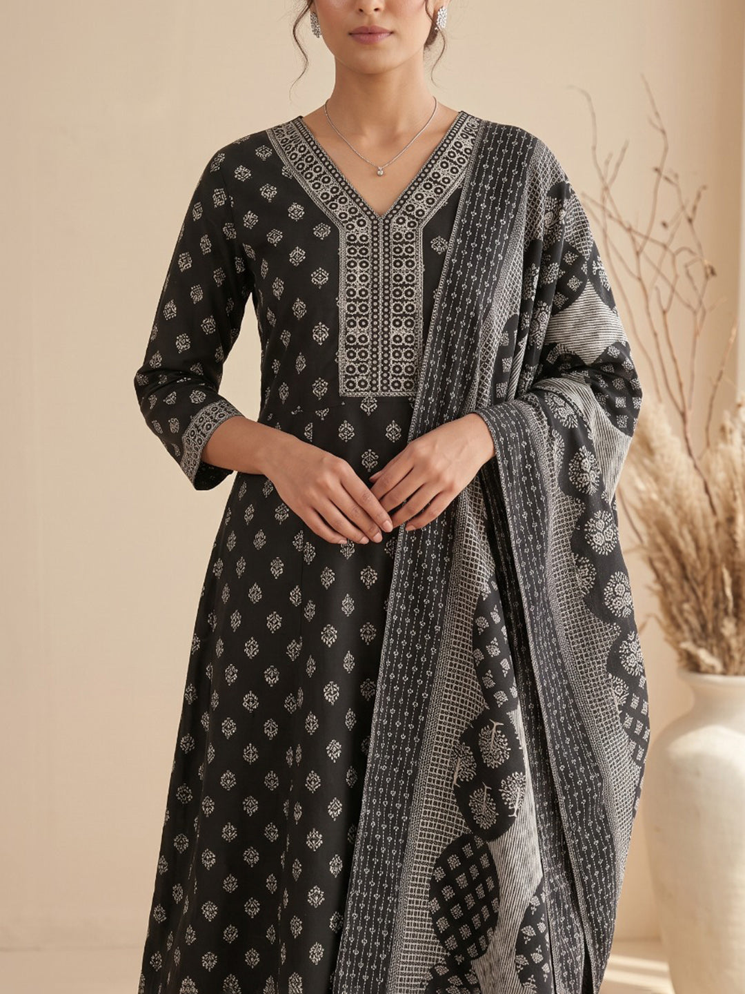 Black Printed Cotton Blend Kurta With Pant &amp; Dupatta