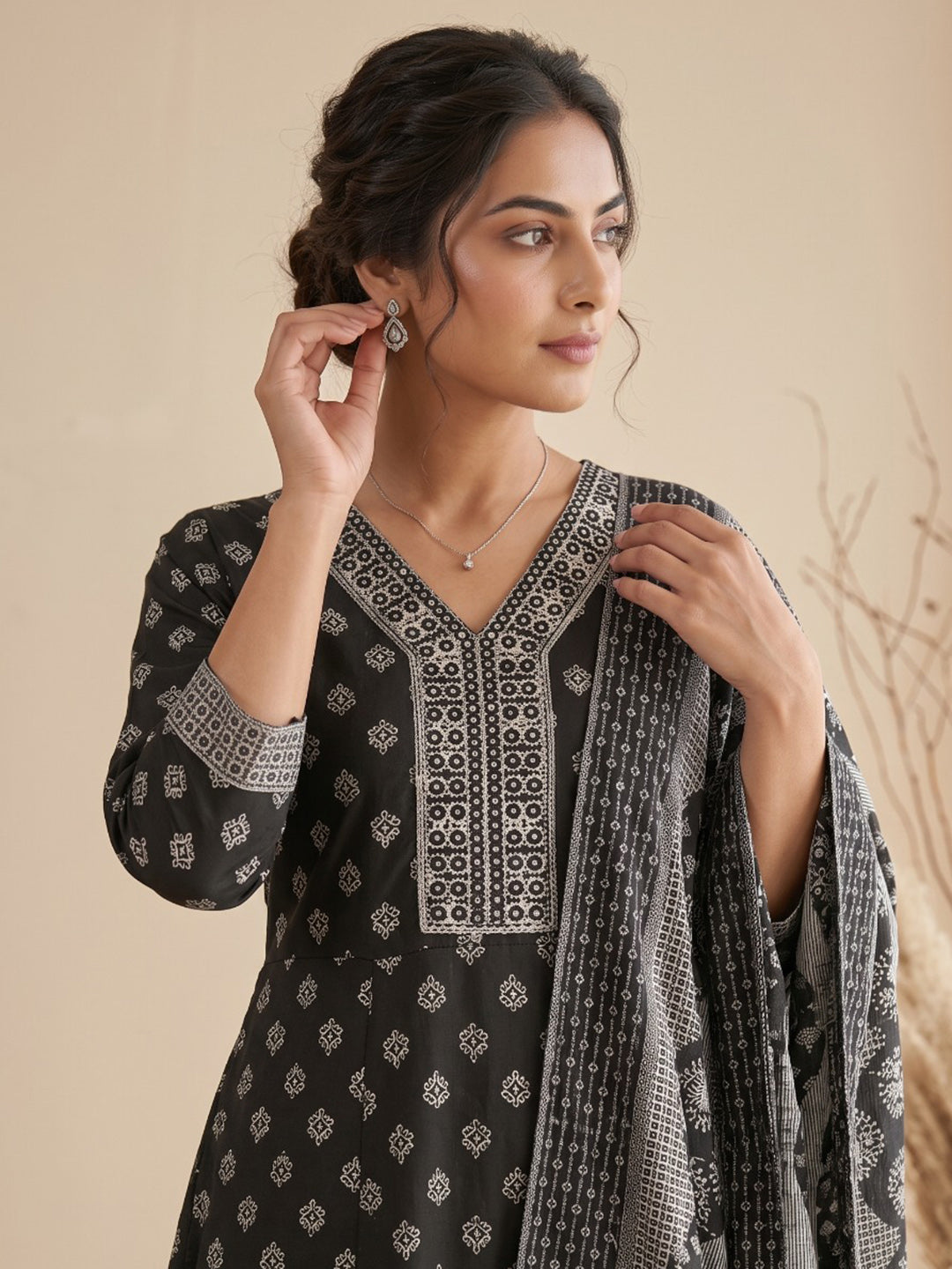 Black Printed Cotton Blend Kurta With Pant &amp; Dupatta