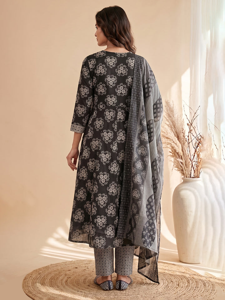 Black Printed Cotton Blend Kurta With Pant &amp; Dupatta