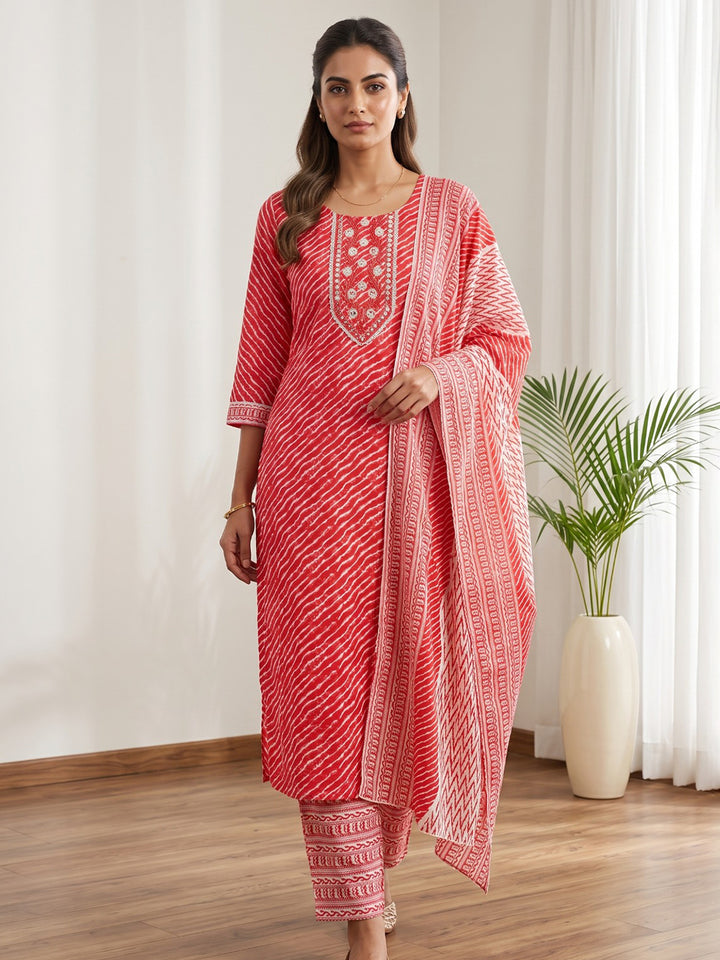 Red Printed Cotton Blend Kurta With Pant &amp; Dupatta