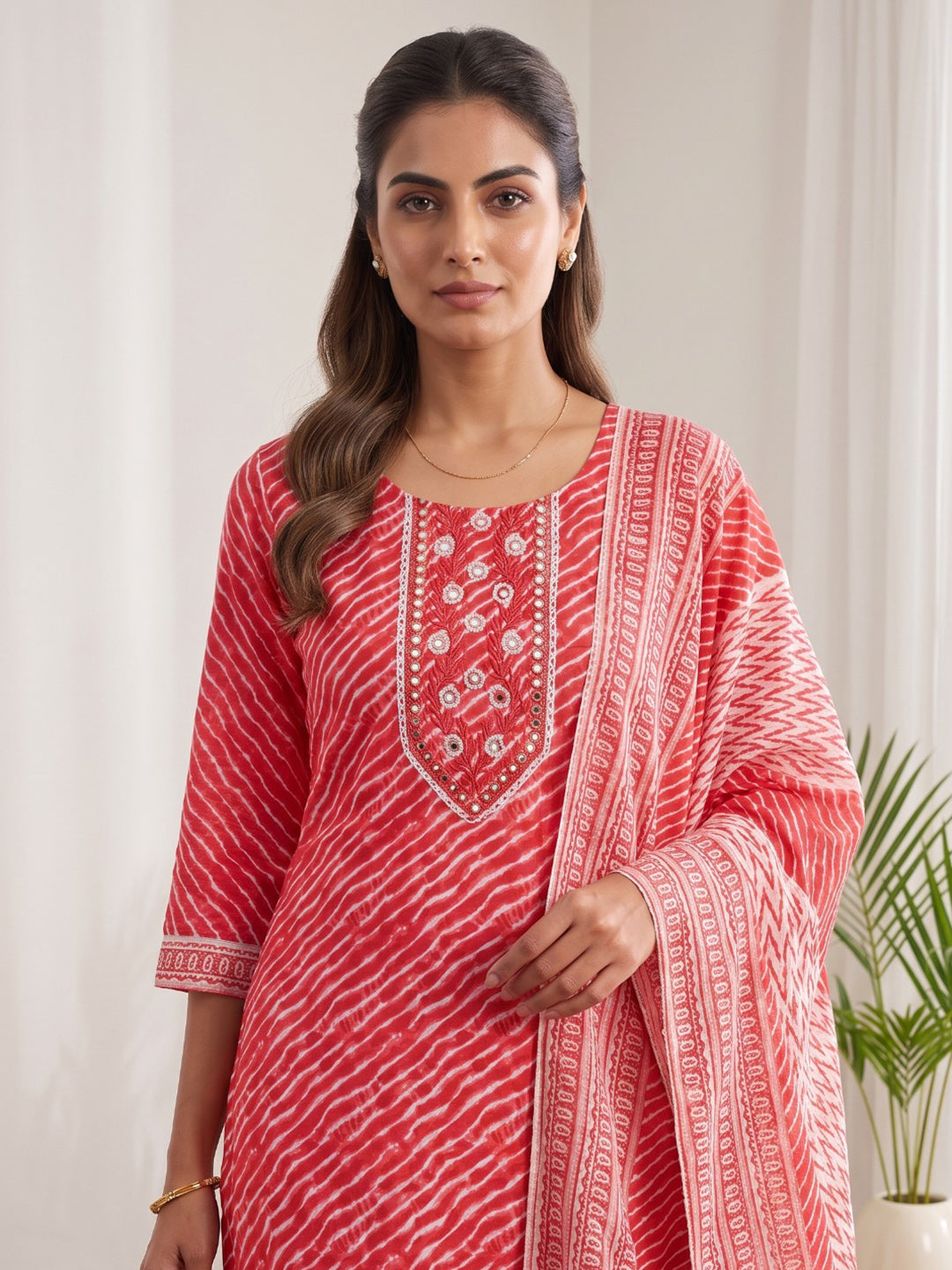 Red Printed Cotton Blend Kurta With Pant &amp; Dupatta