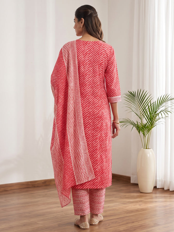 Red Printed Cotton Blend Kurta With Pant &amp; Dupatta
